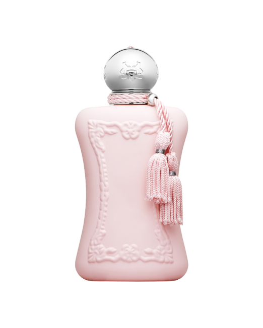 Parfums de Marly Delina is een roze fles met twee roze kwastjes aan een zilveren dop met een strassteentje