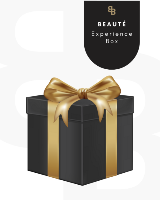 een zwarte cadeau doos met een gouden strik genaamd experience box beauté van Beauté house of skin