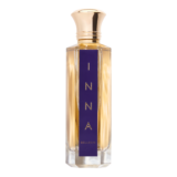 Bellekin INNA parfum fles met gouden dop en gouden letter inna geschreven met een paarse achtergond op de fles