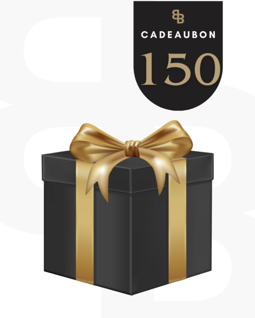 BEauté cadeaubon ter waarde van 150 euro. afgebeeld een zwarte cadeaubon met gouden strik