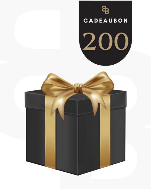 Beauté cadeaubon ter waarde van 200 euro afgebeeld als een luxe zwarte cadeaubox met gouden lint