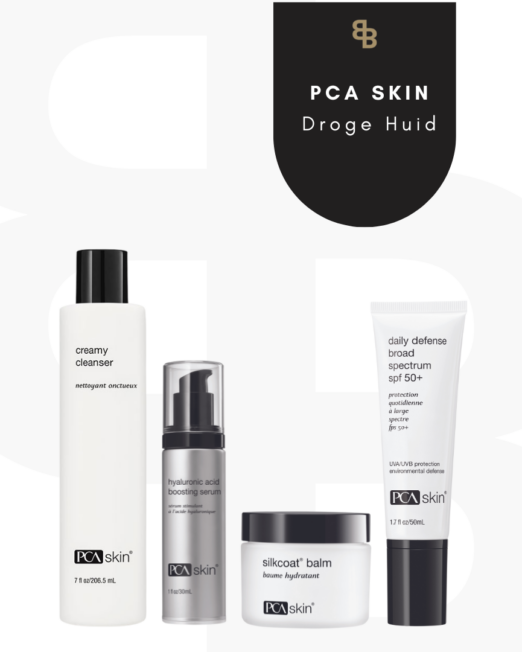 vier producten op een rij van PCa Skin met als doel een droge huid verbeteren . Met logo beauté house of skin