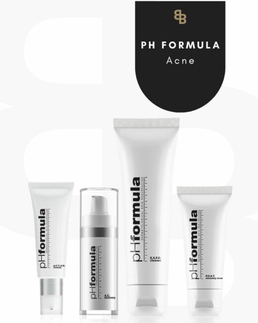 4 producten van het merk PH Formula om acne te verminderen. Logo beauté house of skin en twee letter B op achtergond