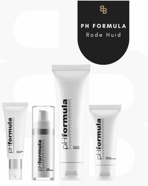 4 producten op een rij in zwart wit van het merk PH Formula. Doel : rode huid verminderen