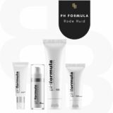 4 producten op een rij in zwart wit van het merk PH Formula. Doel : rode huid verminderen
