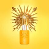 Parfums de Marly Perseus gele parfumfles met een gouden zon erboven op een gele achtergrond