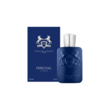 Parfums de Marly Percival blauwe parfumfles met blauwe verpakkingsdoos ernaast